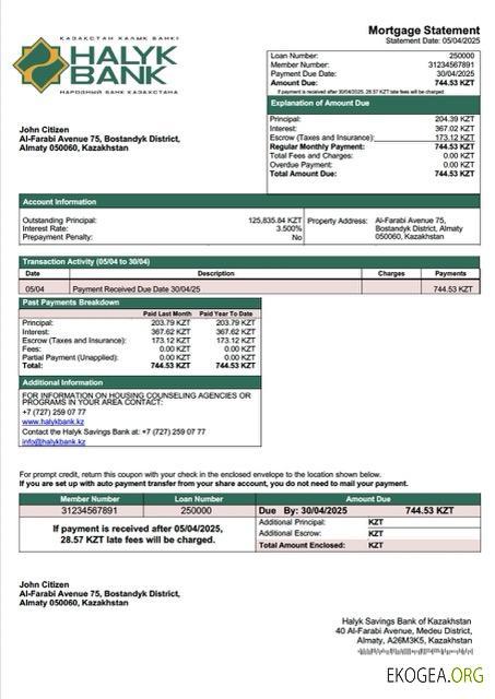 Kazakhstan Halyk Savings Bank of Kazakhstan prêt hypothécaire Modèle Word et PDF